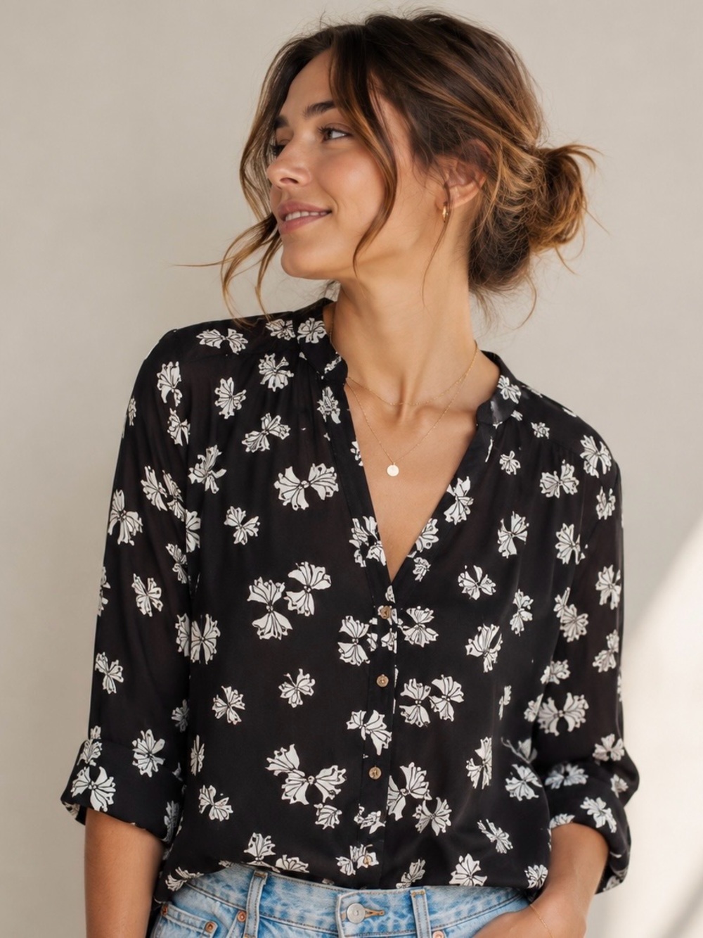 Anthropologie Maeve Emory Printed Buttondown Floral Blouse Black Size 0